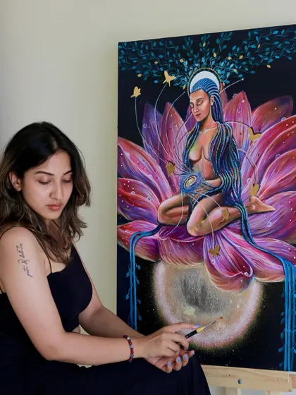 Posing with my second piece from the series, which explores the feeling of transformation during meditation.