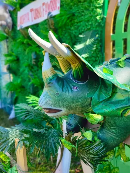 A close-up of a Triceratops model, part of the educational and immersive 'dino park' I created.