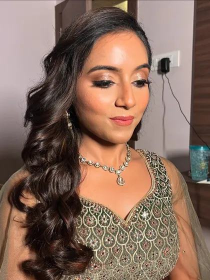 A close-up of the shimmery eye makeup for bride Apurva's Sangeet look.