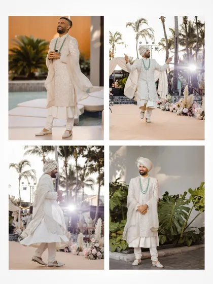 A collage showcasing the groom's dynamic entry at his Thailand wedding.