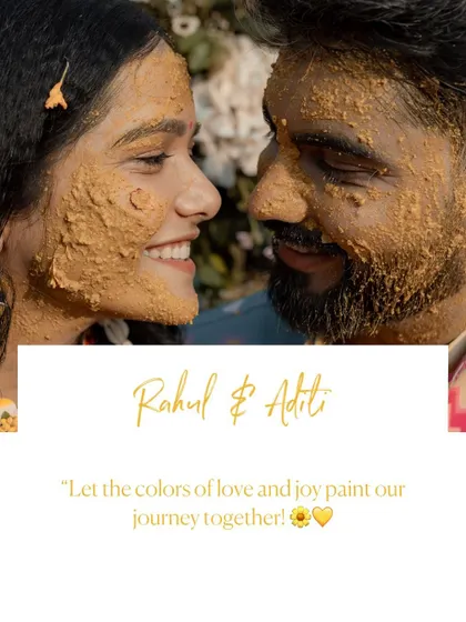 A close-up shot of the couple with haldi on their faces, capturing their bright smiles and the sheer happiness of the moment.