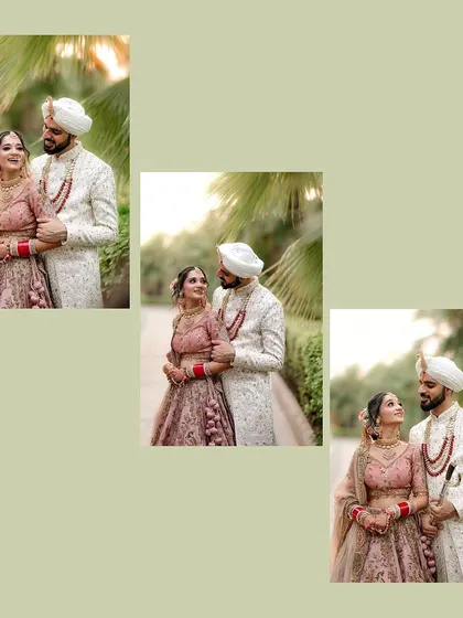 A collage of a beautiful Sikh couple's outdoor portraits, capturing their elegance and romance amidst lush greenery.