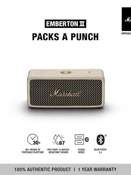 The Marshall Emberton II portable speaker. This compact but powerful Bluetooth speaker delivers 360-degree sound and is IP67 dust and water-resistant, making it perfect for any adventure.