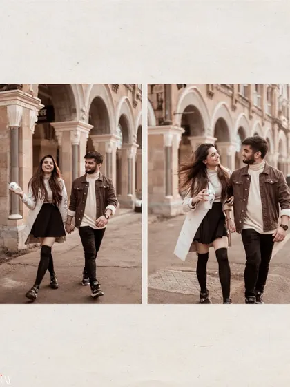A diptych of the couple walking and laughing, capturing the natural, unposed moments of their city stroll.