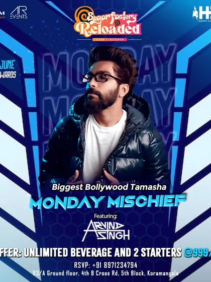 Another poster for Monday Mischief at Sugar Factory, with an offer for unlimited drinks and starters.