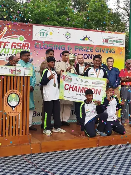 The winning moment on stage in Bangladesh. Team India, with our player Rishikesh Mane, being crowned champions of the South Asia ITF Under-12 tournament. These are the moments we train for.