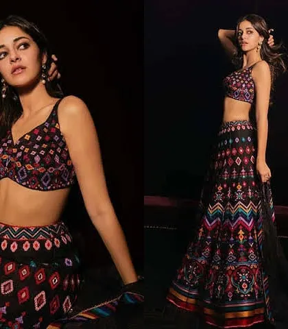 This multi-colored geometric print lehenga is a great example of a modern, festive design. I can work with various printed fabrics to create a unique and eye-catching party wear lehenga.