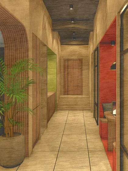 A render-to-reality comparison of the corridor, demonstrating the faithful execution of the design concept.