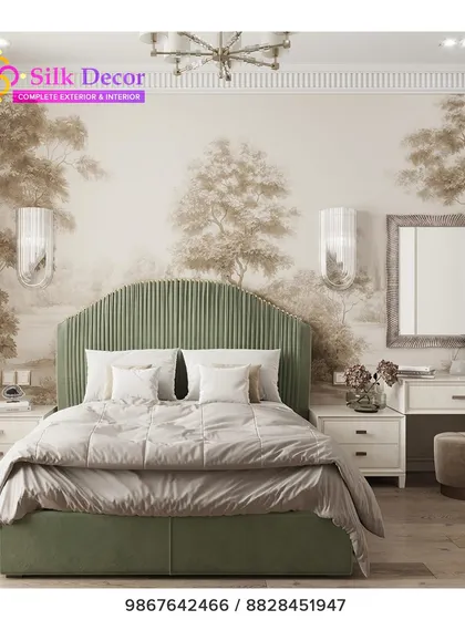 This bedroom showcases a full-wall landscape mural in soft, earthy tones. The design creates a sense of depth and tranquility, making the room feel larger and more open. It pairs beautifully with the classic furniture for a timeless look.