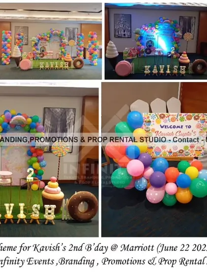 Welcome to Candyland! This sweet theme for a 2nd birthday at the Marriott was a visual treat. The large setup included giant candy props like ice cream cones and donuts, a colorful balloon garland, and a grass-covered stage.