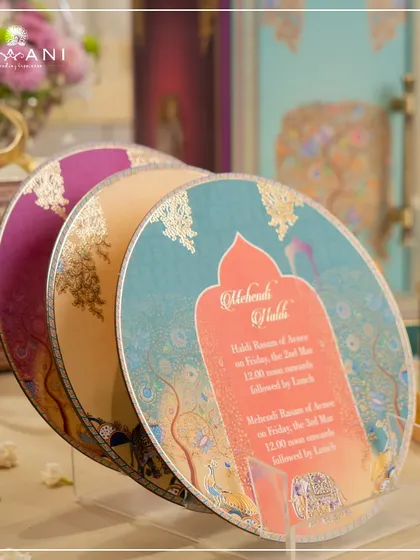 These round, plate-like invitations are a unique feature of the Tree of Life collection. Each plate can detail a different event, and they come together as a beautiful, artistic set for guests to cherish.