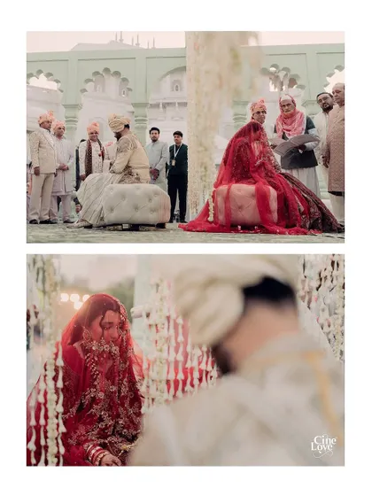 Two moments from the ceremony, showing the couple seated for the rituals and a close-up of the bride. The cascading white floral garlands create a delicate and beautiful screen, adding to the sanctity of the moment.