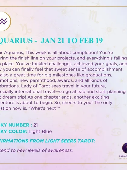 A weekly tarot prediction for Aquarius. This week is all about completion. You're nearing the finish line on your projects, and everything's falling into place.