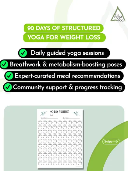 Our 90-day structured yoga for weight loss program includes daily guided sessions, breathwork, meal recommendations, and community support.