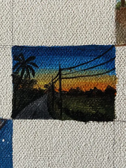 A mini-painting of a sunset view from a road with power lines.