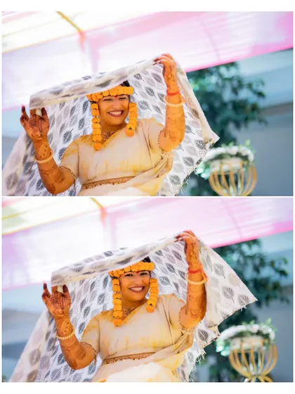 A playful collage of the bride peeking out from under a dupatta during her Haldi ceremony.