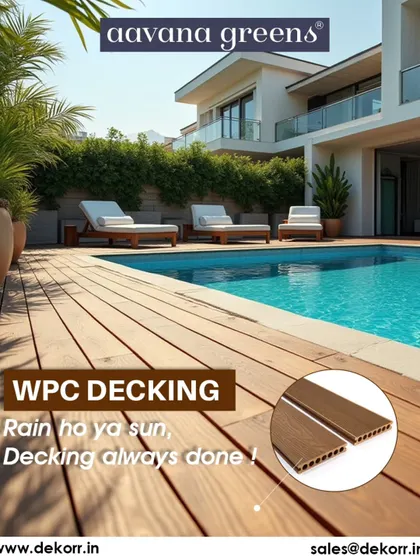 This is the dream poolside setup. I used my premium WPC decking planks here to create a luxurious, slip-resistant, and completely waterproof deck. It has the warm look of natural wood but is built to withstand sun and water without any fuss, making it perfect for creating a private resort feel at home.