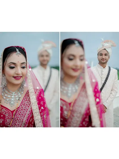 A creative use of focus to create two distinct portraits in one frame, one focusing on the bride and the other on the groom.