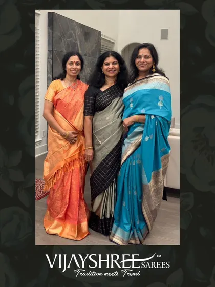 Our wonderful clients Nirmala, Sumana, and Madhvi, each showcasing their unique style with sarees from our store.
