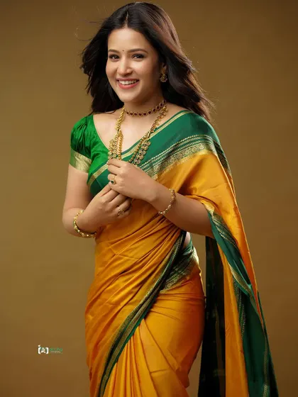 A joyful, candid moment during the studio session. The movement in her hair and the natural smile make this traditional portrait feel alive and full of personality.