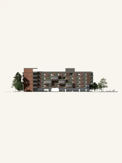 An elevation render of the AWE India School, illustrating the rhythmic pattern of the facade and the interplay of different materials. This level of visualization is crucial for communicating design intent.