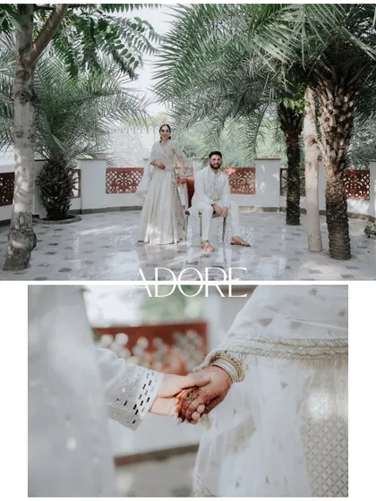A collage that pairs a regal portrait with a close-up of the couple holding hands, emphasizing both the grand picture and the intimate details.