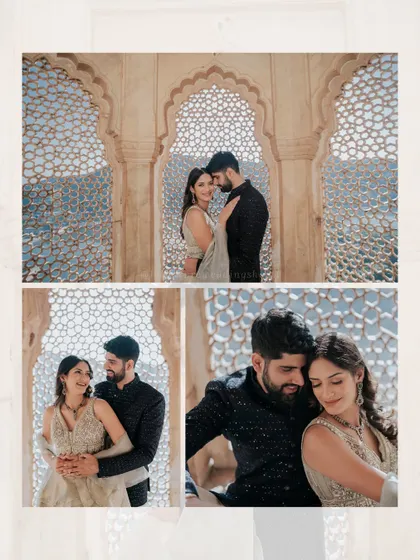 Intimate portraits of Navi and Diljot framed by the iconic jali windows, a classic shot for any royal-themed pre-wedding shoot in Jaipur.