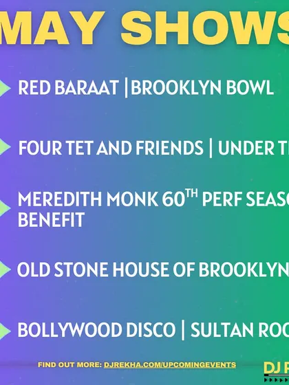 A look at my packed schedule for May, including gigs at Brooklyn Bowl, Under the K Bridge with Four Tet, and The Sultan Room. It shows the variety of venues I play.