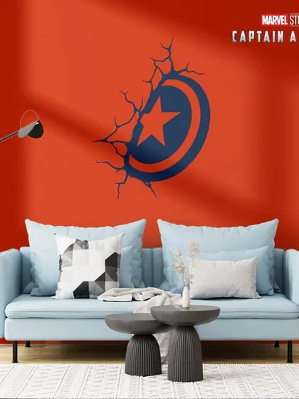 Captain America's shield appearing to break through the wall. This 3D-effect mural adds action and excitement to any room.