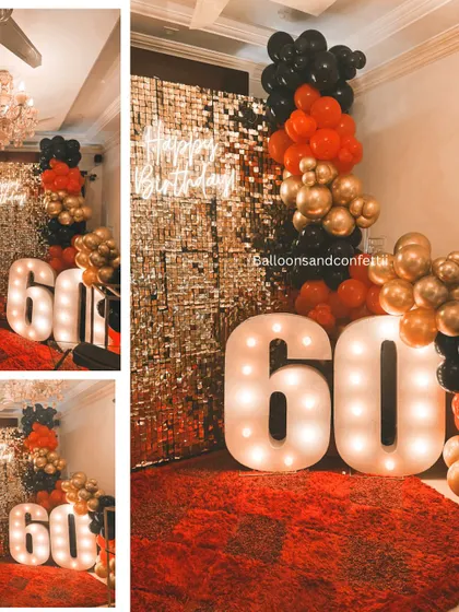 A collage showcasing the 'Golden Era' 60th birthday decor. The gold shimmer wall, marquee numbers, and red carpet create a true movie premiere vibe.