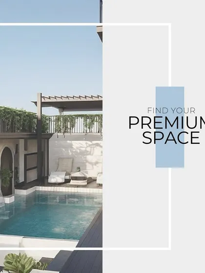 A branding graphic that encapsulates our mission: to help clients find their premium space. The image behind the text shows one of our tranquil poolside designs.