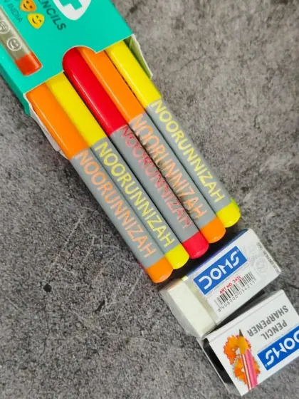Make homework fun with these personalized pencils. This set from DOMS comes with a sharpener and eraser, and I can print a name on each pencil.