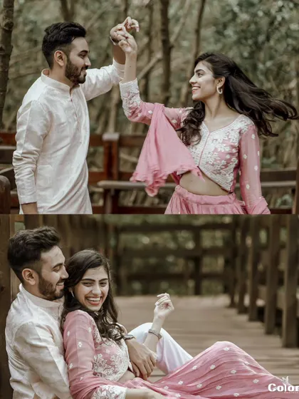 A simple two-photo collage capturing a candid dance and a relaxed seated pose on a wooden bridge.