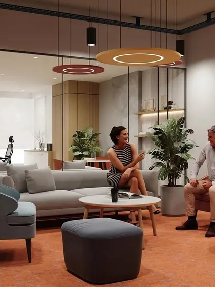 An identical render of the stylish lounge, showcasing how we use plants and varied furniture to create inviting pockets for conversation and collaboration.