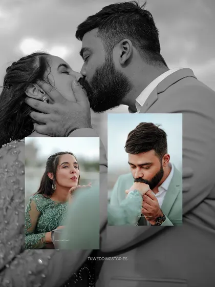 A duplicate of image 54, an artistic collage that mixes monochrome and color to create a dramatic and romantic effect for an engagement session.