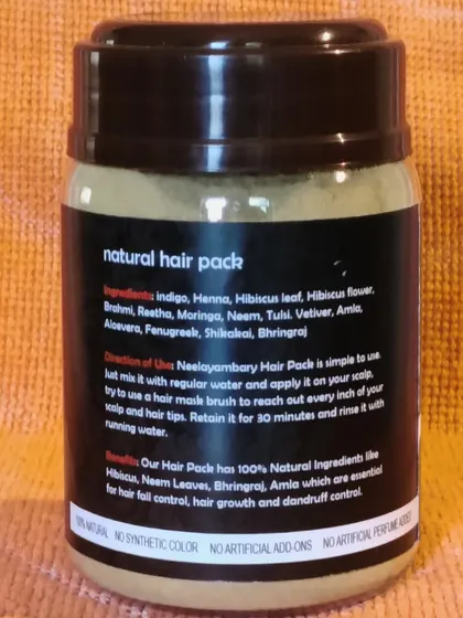 The ingredients list on my Natural Hair Pack is full of powerful herbs like Brahmi, Reetha, Moringa, and Amla. These are essential for hair fall control and growth.