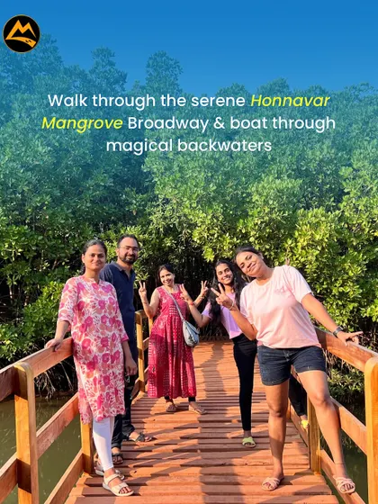 Our group enjoying a walk on the Honnavar Mangrove Broadway, a beautiful wooden walkway through the serene mangrove forest.