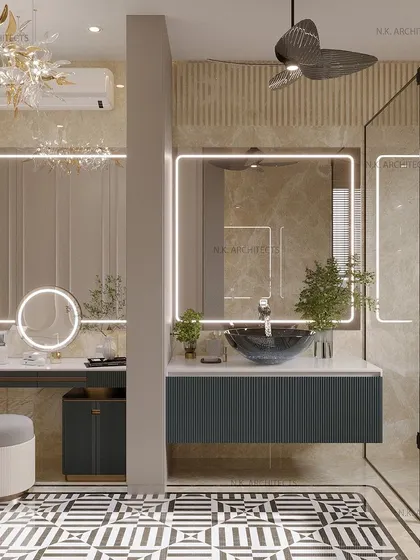 Another view of the luxurious washroom, showing the floating vanity with a fluted design and a stylish vessel sink. The large, backlit mirror and elegant chandelier add to the feeling of enchantment and sophistication.