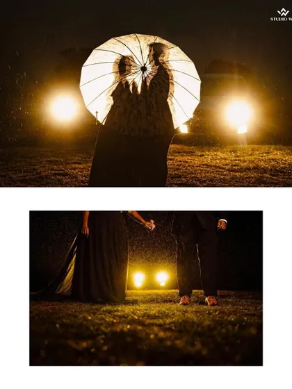 A dramatic silhouette of a couple under a backlit umbrella in the rain. This creative use of lighting turns a rainy night into a magical, cinematic scene.