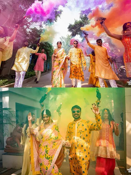 The pure, unadulterated joy of a Haldi ceremony, brought to life with vibrant color bombs. I focus on capturing the real energy and fun of pre-wedding festivities.