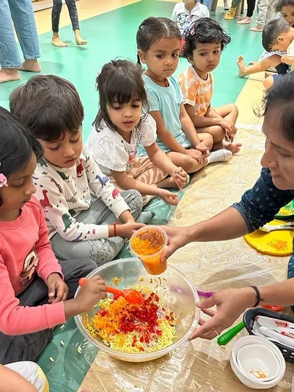 Each activity, from making Bhel Puri and toast to plucking methi leaves and exploring what floats, is a lesson in itself. These practical life and sensorial activities are central to the Montessori method, helping children develop fine motor skills, concentration, and a deep understanding of the world through their own actions.