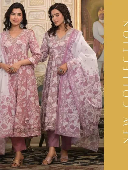 My new collection features beautiful printed Anarkali-style kurta sets. This image showcases two color variations, dusty rose and lavender, with a complementary floral printed dupatta.