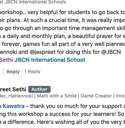 A screenshot of a LinkedIn comment from a Math HOD at JBCN International School, calling the time management workshop 'amazing' and 'very helpful for students'.