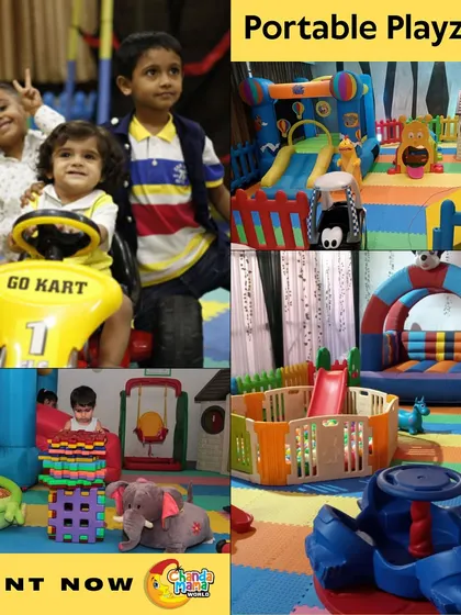 A collage of happy kids enjoying various activities, from driving a go-kart to playing with giant building blocks. I provide a personalized play area to make every child's day special.