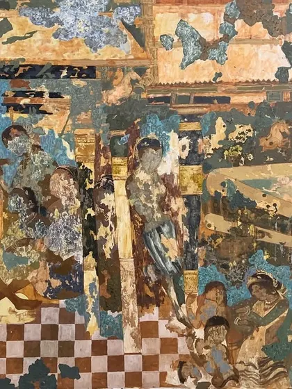 A horizontal crop of the "Ajanta" painting, highlighting the narrative flow across the large canvas.