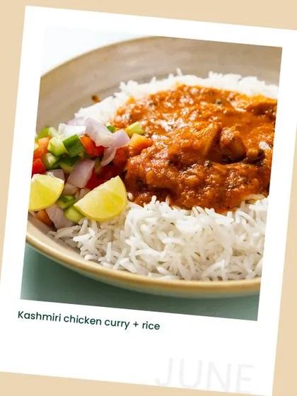 Our Kashmiri Chicken Curry with rice is a comforting lunch from our June menu. We've created a lighter version of this classic dish so you can enjoy the rich flavors without feeling heavy.