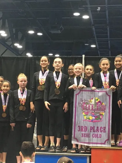 Our Xcel Gold team earned a fantastic 3rd place finish at the Biles Invitational. We love seeing their hard work result in a team podium finish.