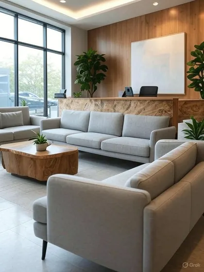 This office waiting area is designed for comfort, with deep sofas and a live-edge wooden coffee table. The wood-paneled accent wall and abundant plants create a warm, natural, and inviting environment.