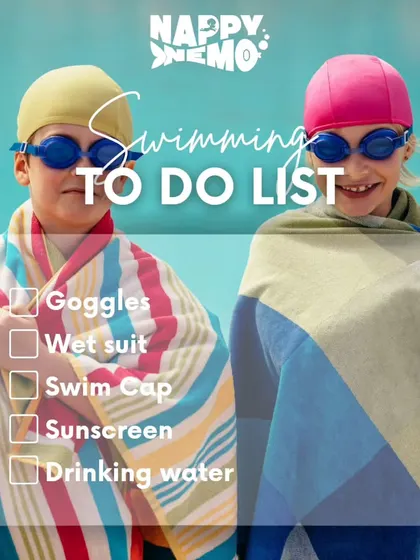 A handy "Swimming To-Do List" for parents, including goggles, wetsuit, swim cap, sunscreen, and drinking water.