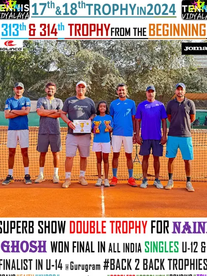 A superb double trophy for Naini Ghosh, winning the final in All India Singles U-12 and finishing as a finalist in U-14.